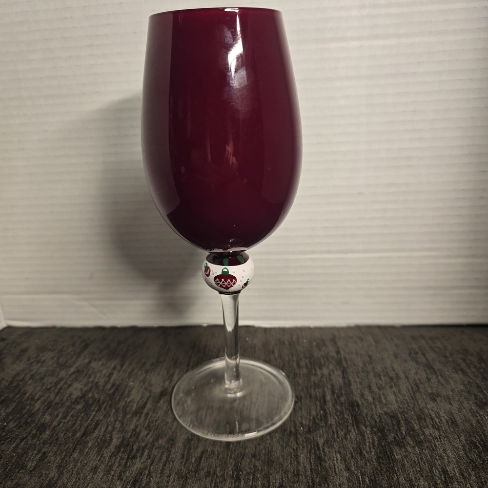 Holiday Hand Painted Cranberry Red Wine Glass Christmas Ornament Stem 9 Inch